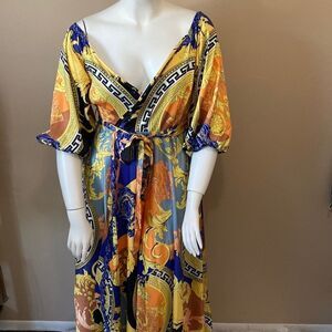 L'atiste Satin Dress with Waist Tie in Yellow Royal Blue and Black Design Print